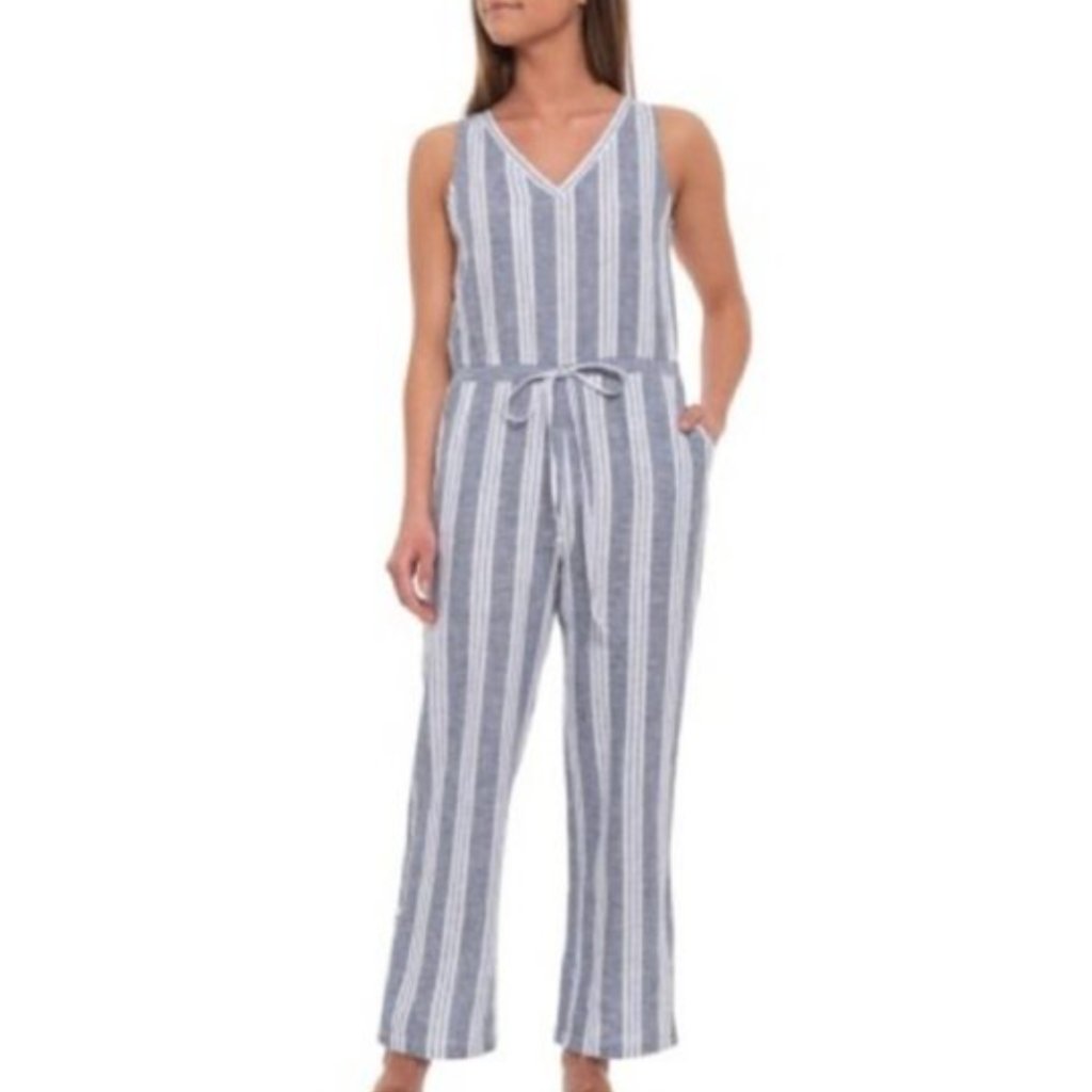 Anthropologie Drew Chambray White Stripe Wide Leg Jumpsuit S